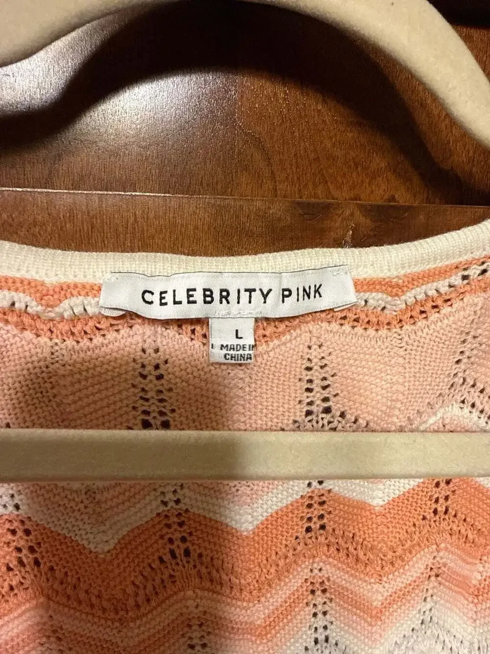 Celebrity Pink Peach and Cream Chevron Knit Tie-Front Crochet Cardigan